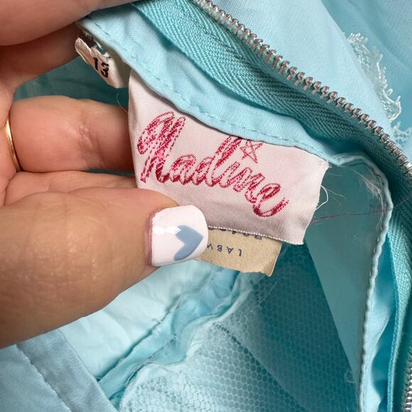 Nadine VINTAGE pastel blue White Lace Accent Formal long sleeve dress Size SMALL - Picture 14 of 16